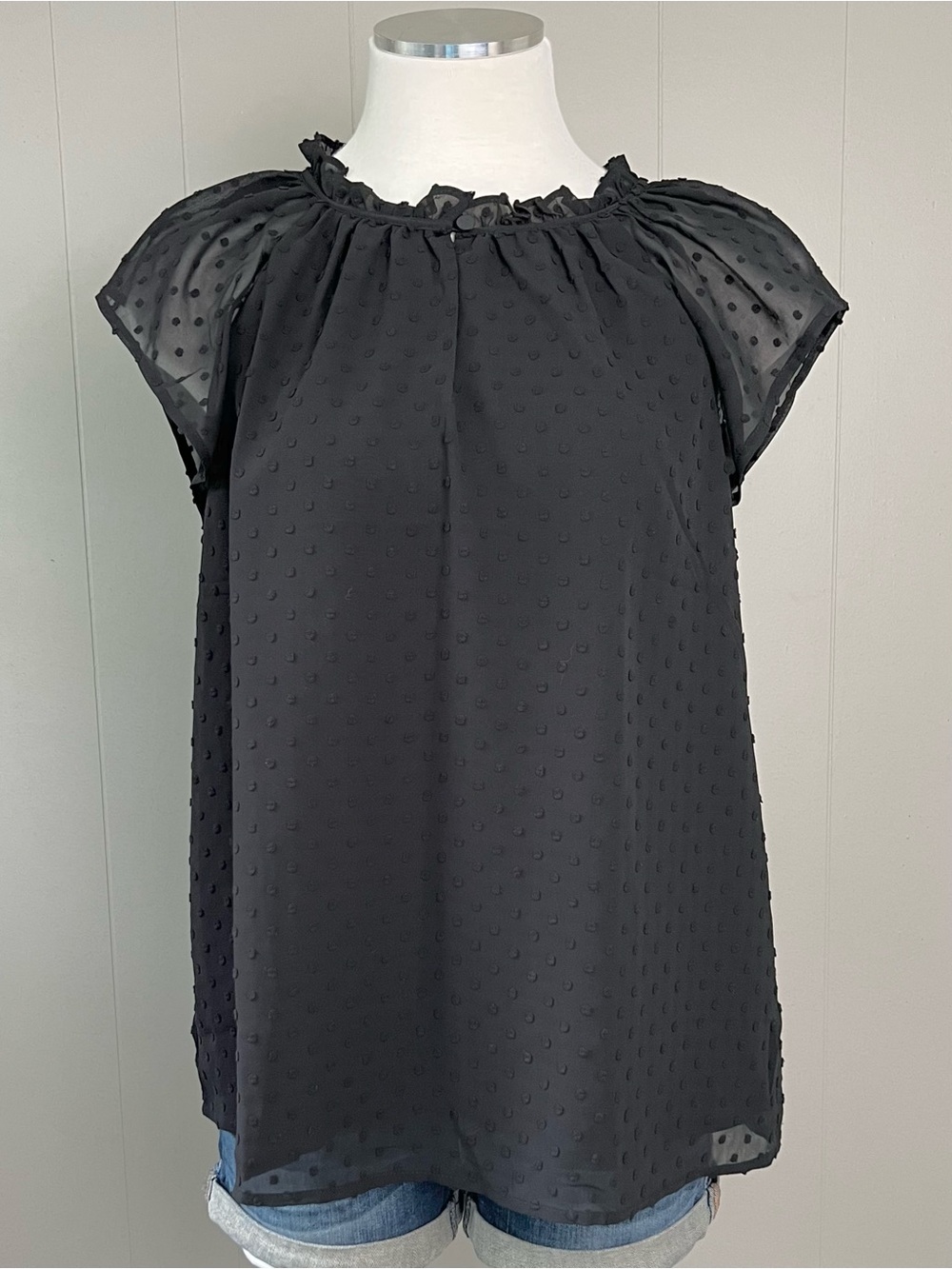 NWT J.Crew Black Swiss Dot Ruffle Sleeve Blouse Medium